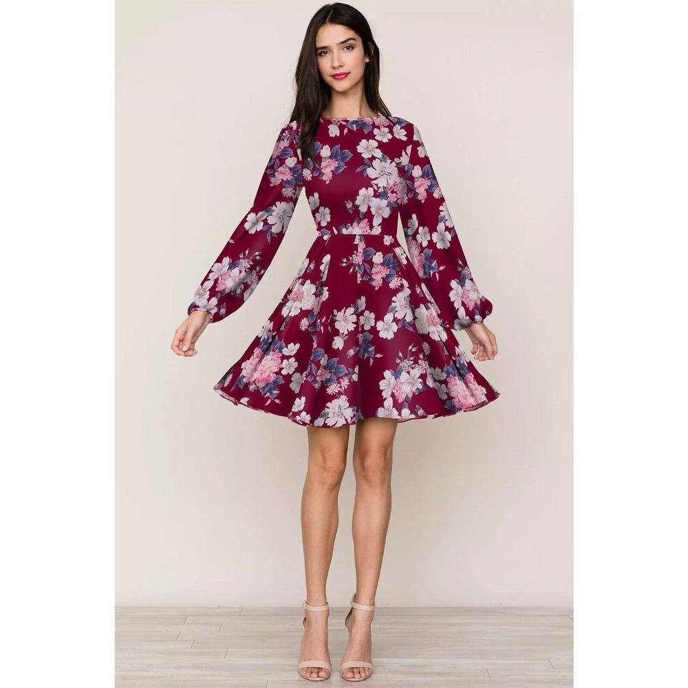 Yumi Kim Burgundy Floral Carousel Amazing Grace Gif & Flare Dress SzXS